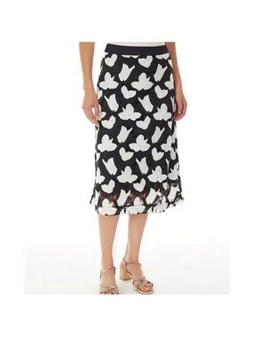 Ming Wang Black Midi Skirt with White Floral Lace Overlay • Sz Medium
